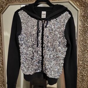 Vintage PINK Victoria's Secret Black Hoodie with Silver Sequins